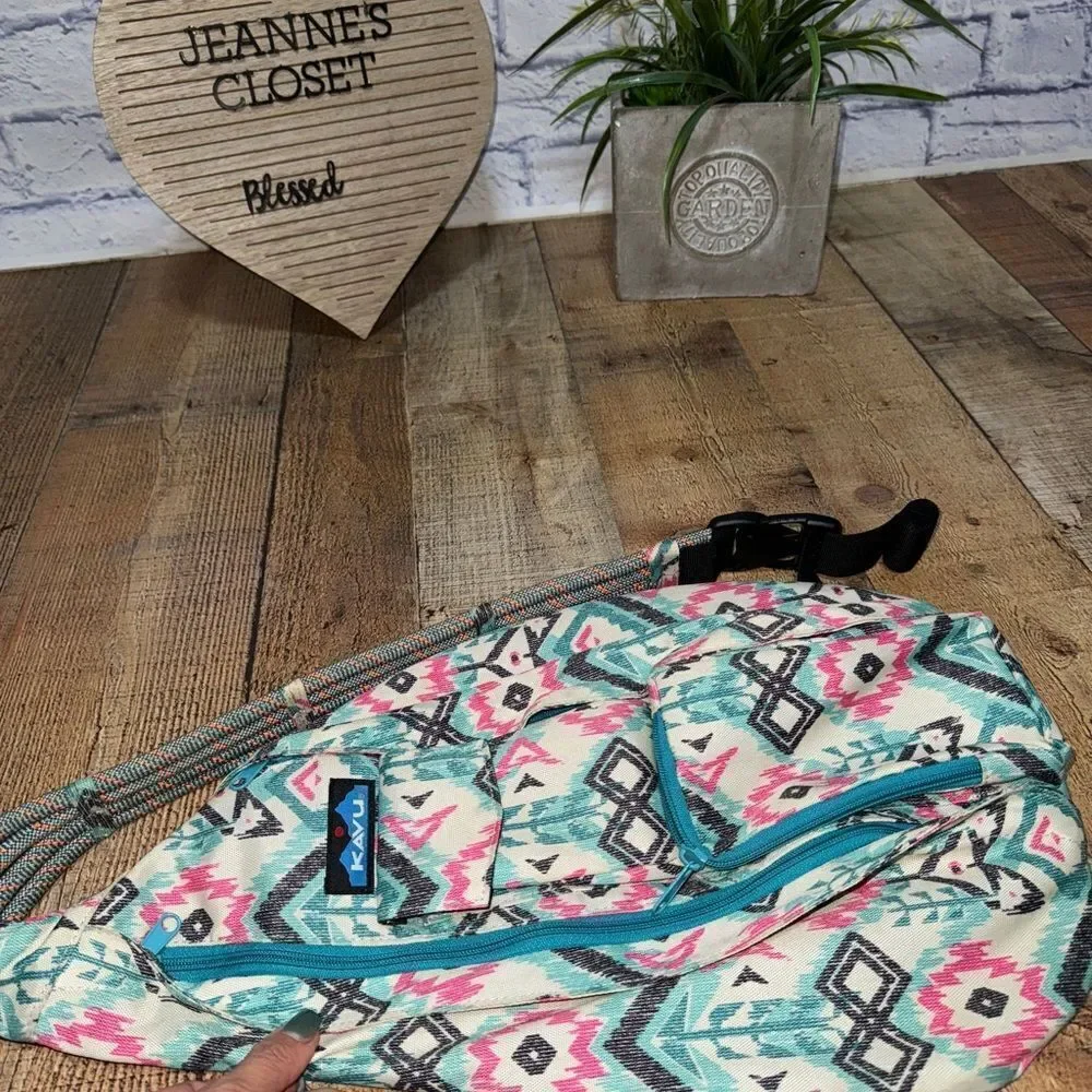 Kavu Rope Crossbody Sling Bag Aztec Southwestern Geometric Teal/Pink/Black